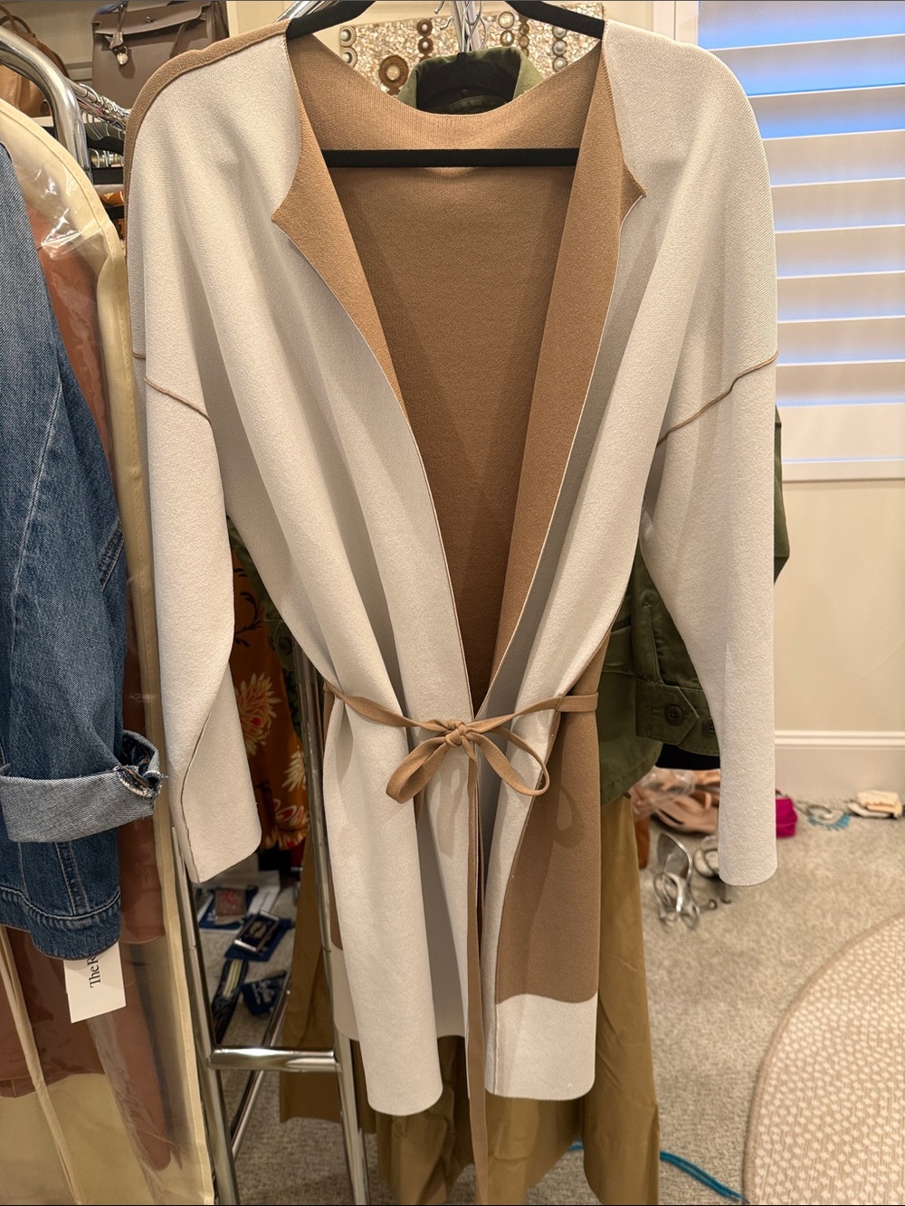 Perugia Italy Reversible Cream & Tan Robe Cardigan with Tie Belt